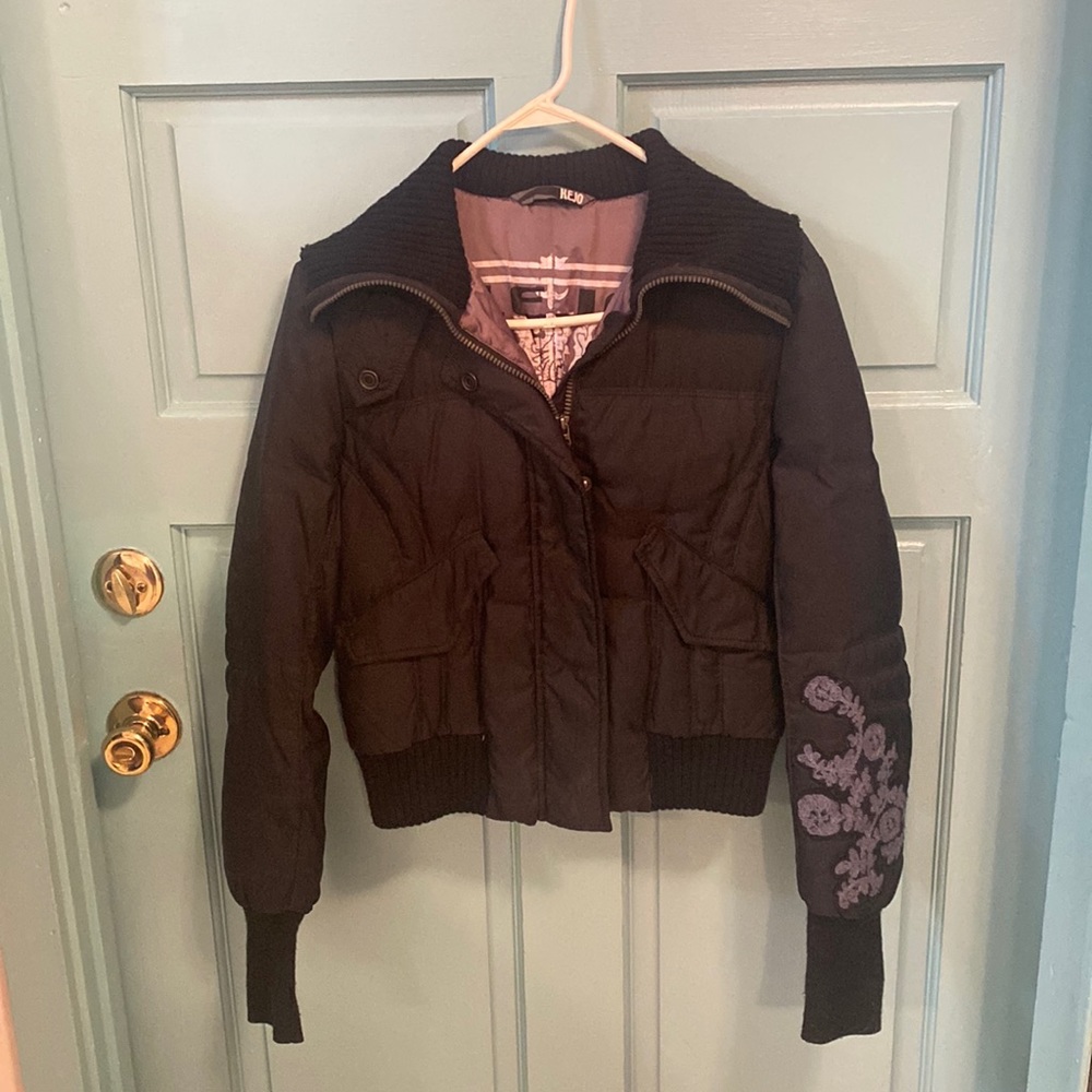 Kejo goose down filled jacket. Black zip front, snap pockets & hooded